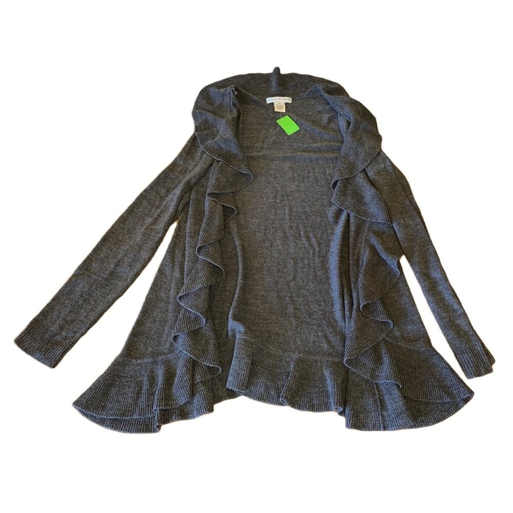 Vintage Suzie Womens Gray Ruffle Trim Open Cardigan Sweater Lightweight Acrylic